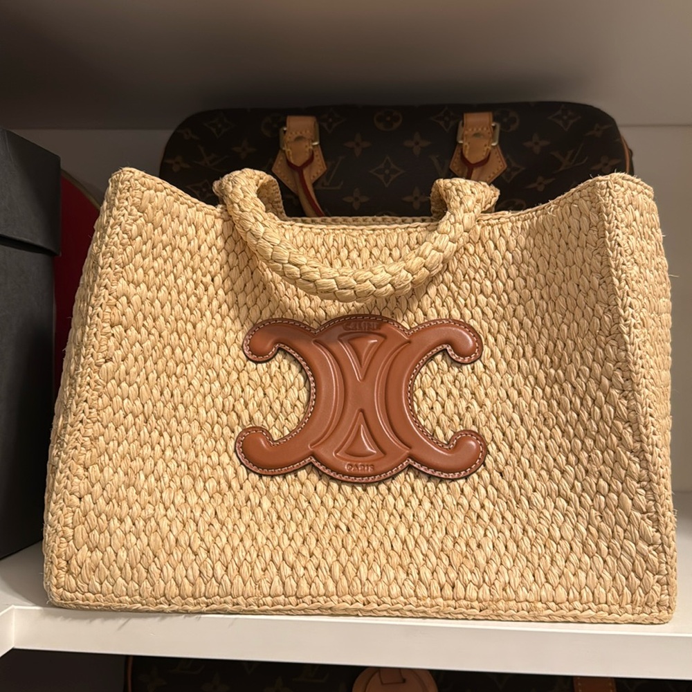 Celine Small Cabas Thais in Raffia and Calfskin Tan